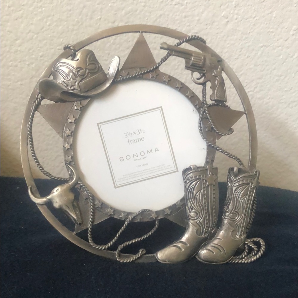 Western pewter metal Picture Frame cowboy theme round‎ small